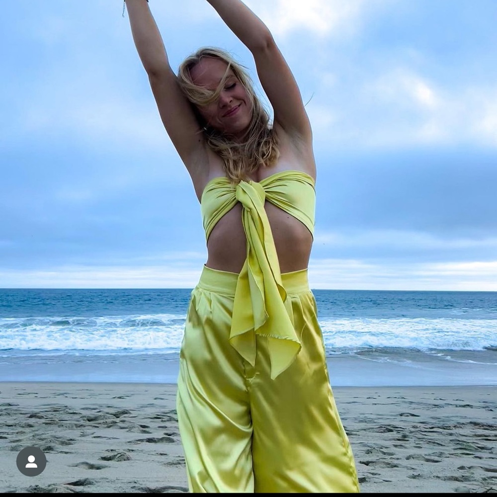 silky satin green/yellow top & pants set